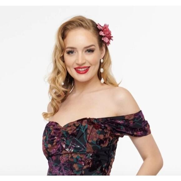 Unique Vintage Floral Burn Out Off the Shoulder Swing Dress 50s Sz M #33 - Picture 2 of 3